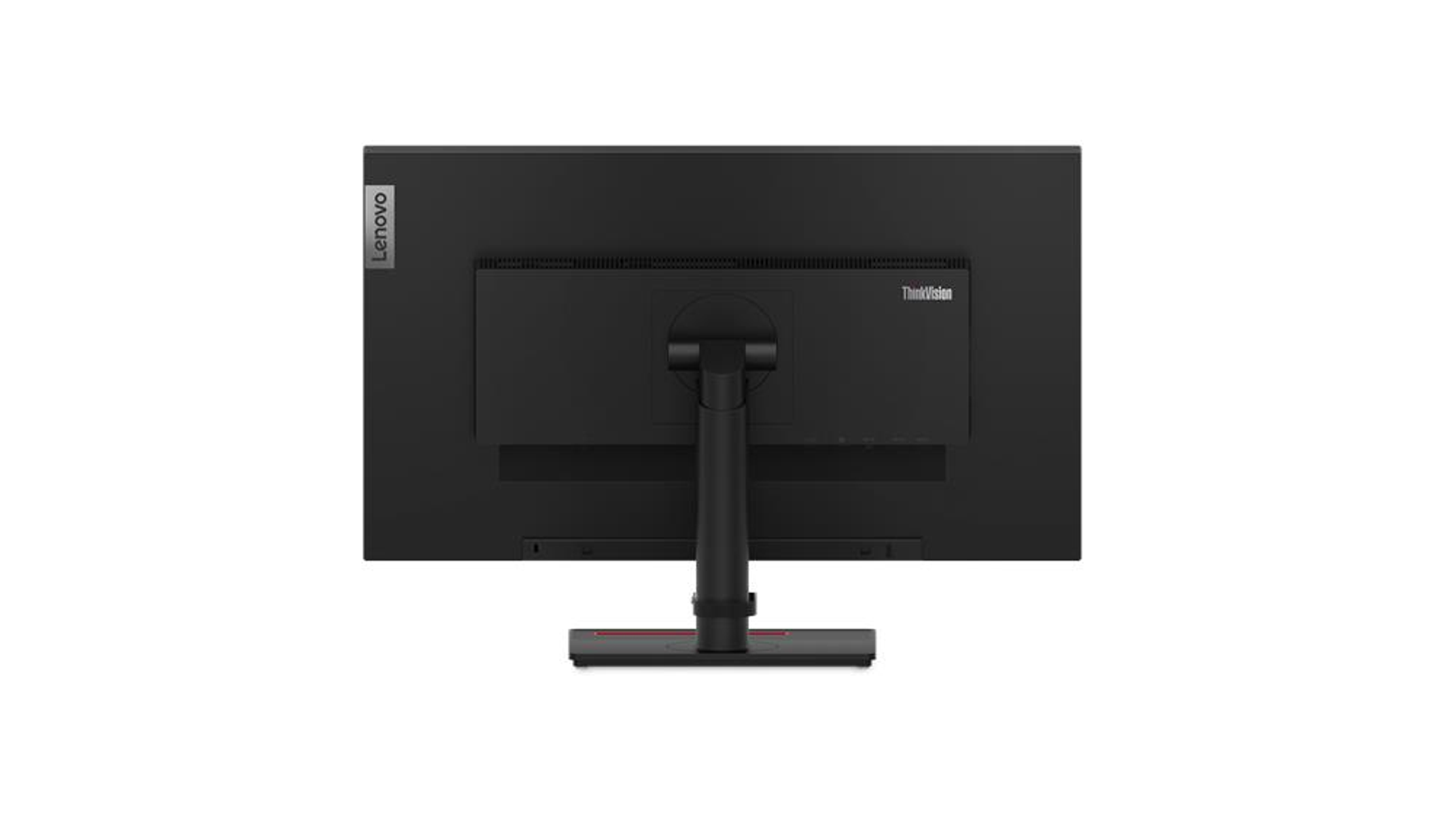 Back of a black Lenovo ThinkVision monitor with a stand.