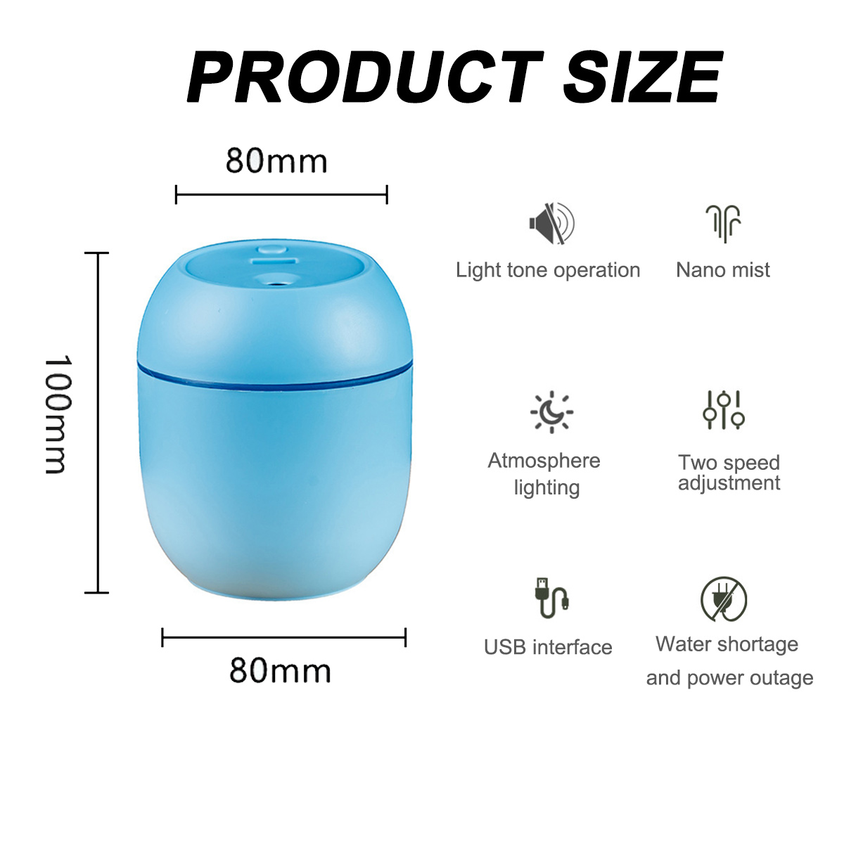 Blauer Luftbefeuchter mit Abmessungen. Merkmale: leichter Ton, Nano-Nebel, Atmosphärenbeleuchtung, USB usw.