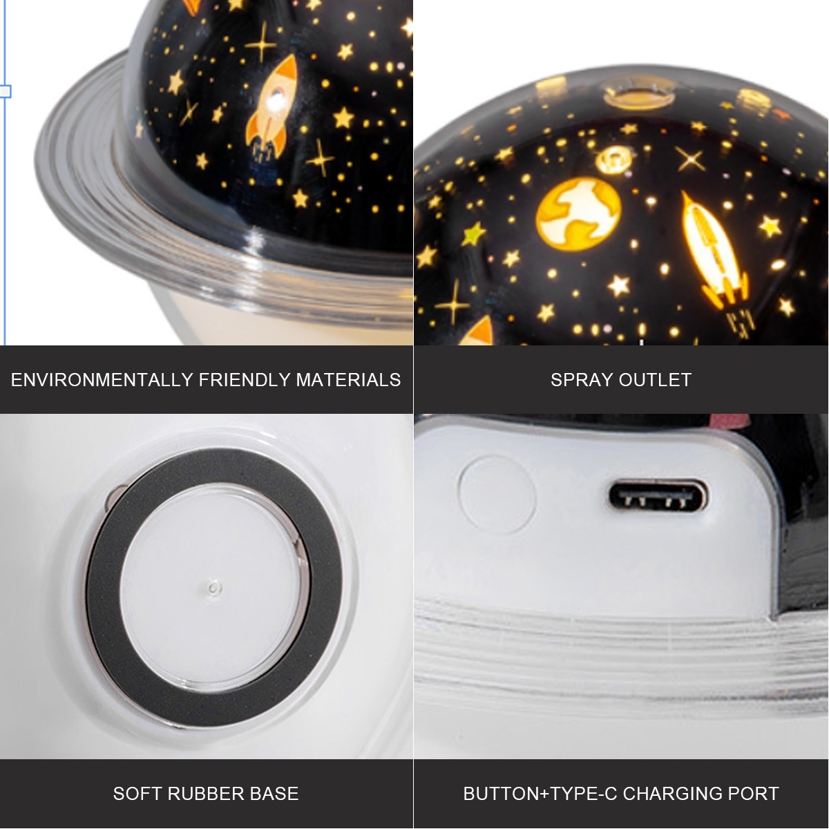 Ein Planetarium-Projektor mit einer Sternenhimmel-Szene und einem Raketenbild.