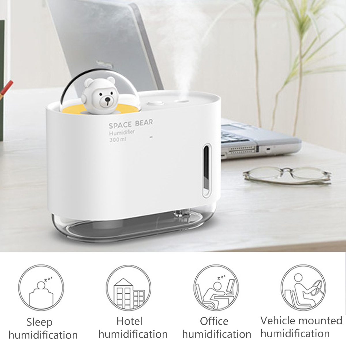 Weißer Luftbefeuchter mit einem Bären oben, mit Symbolen für Schlaf, Hotel, Büro und Fahrzeugnutzung.