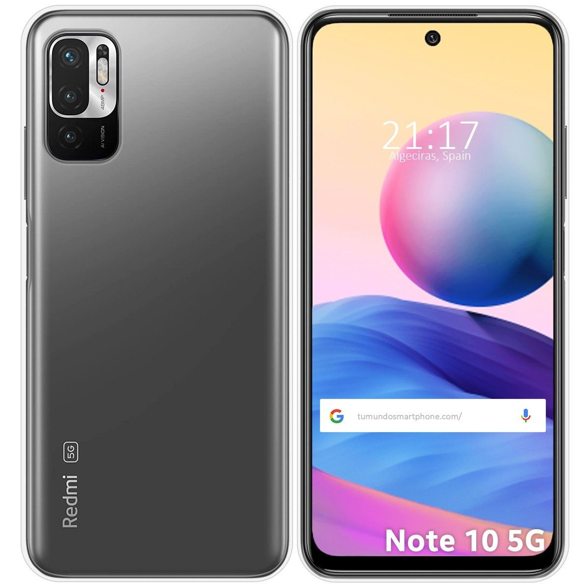 Telefono con retro sfumato grigio e schermo che mostra ora e luogo. Dice Redmi Note 10 5G.