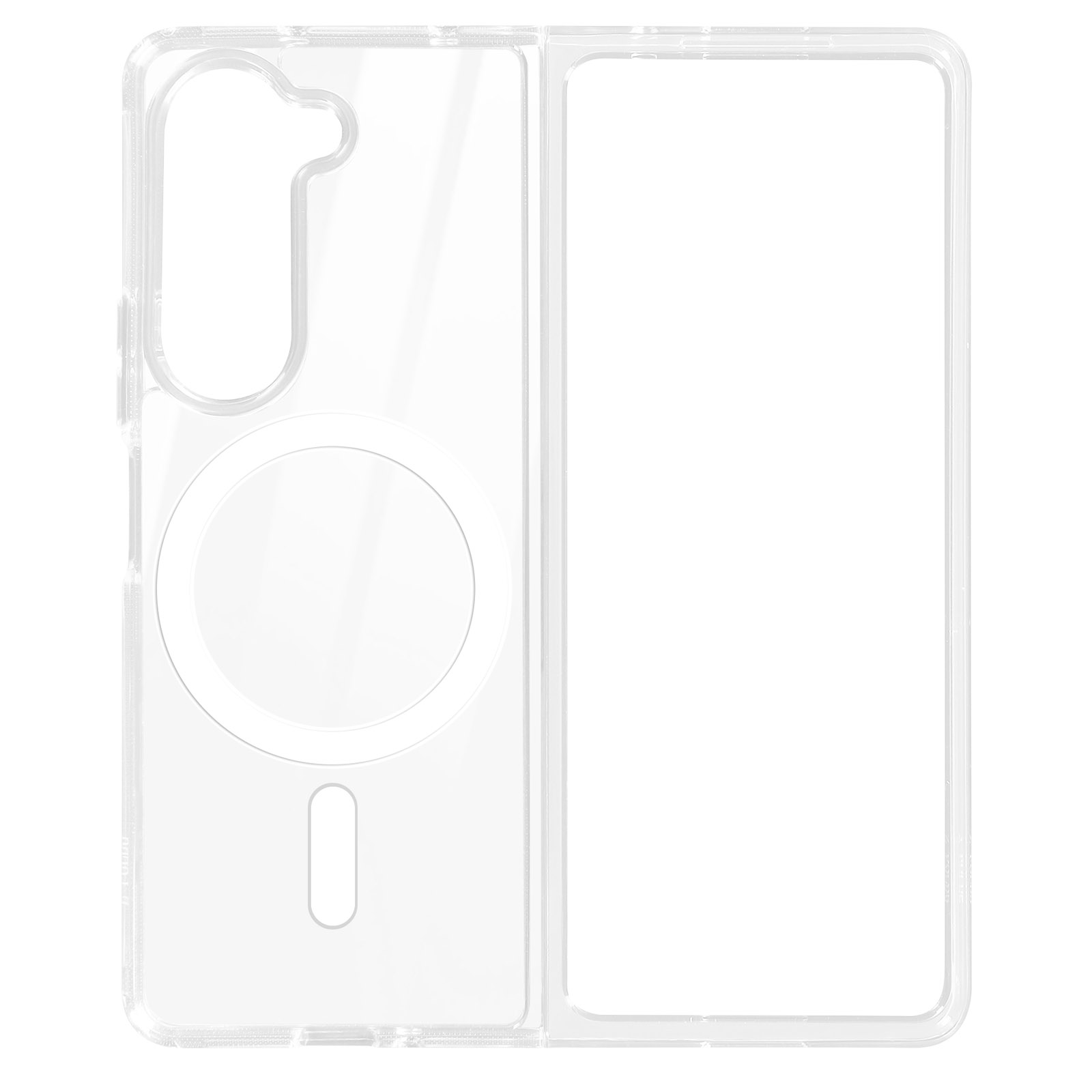 Custodia trasparente per telefono. Ha un'area magnetica circolare e uno spazio per il telefono.