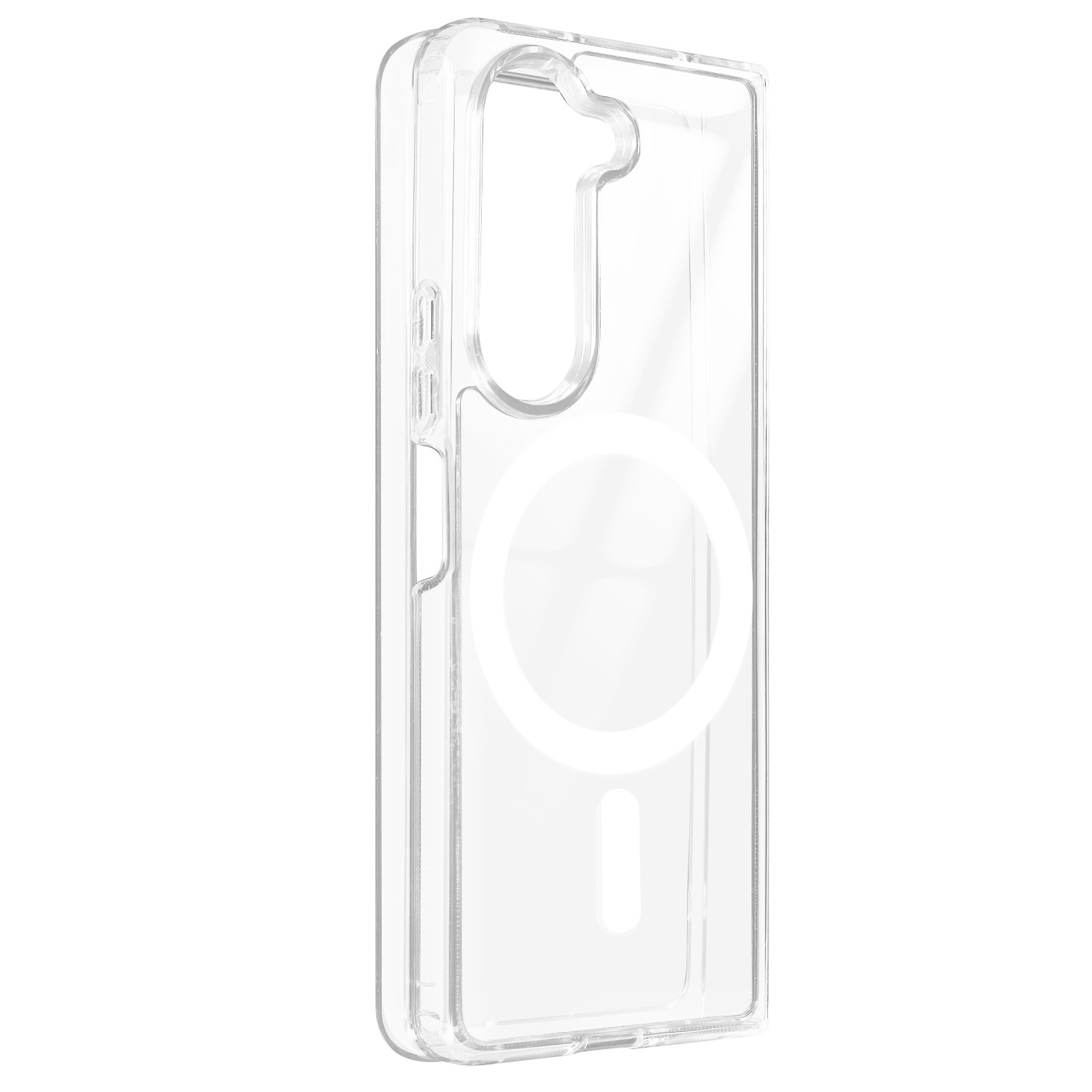 Una custodia trasparente per telefono con un magnete circolare.