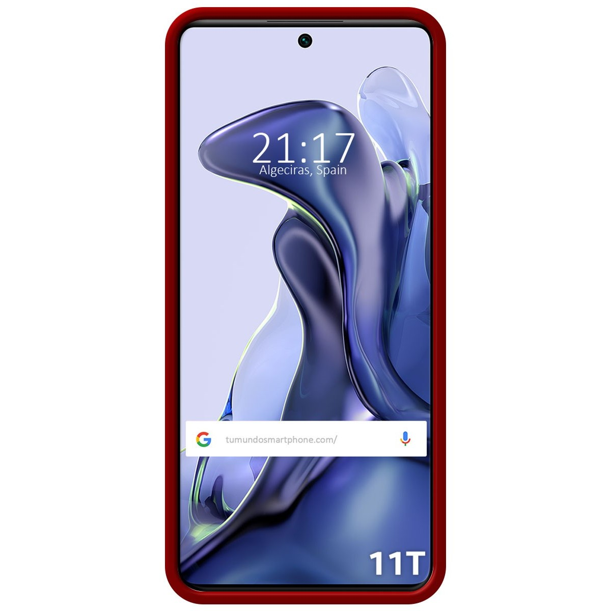 Telefono con bordo rosso. Il display mostra forme astratte blu e bianche.