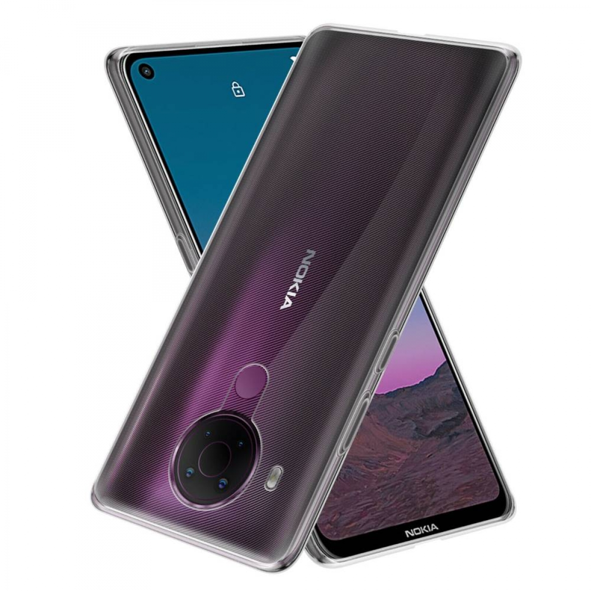 Zwei Nokia-Smartphones mit einer transparenten Schutzhülle, vor weißem Hintergrund.