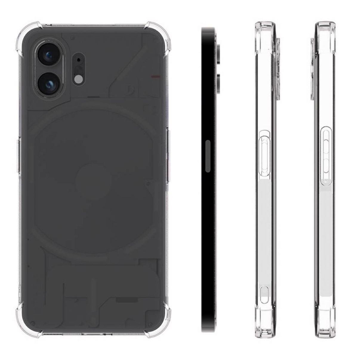 Eine Handyhülle mit schwarzer Rückseite und transparenten Seiten. Das Telefon ist darin.