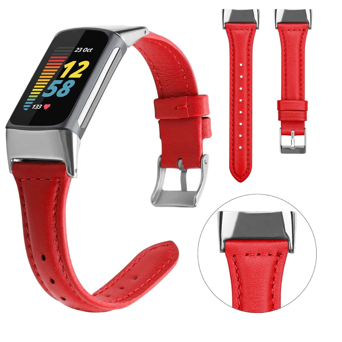 Rotes Smartwatch-Armband mit Schnalle und zusätzlichem Riemen, sowie Smartwatch-Anzeige.