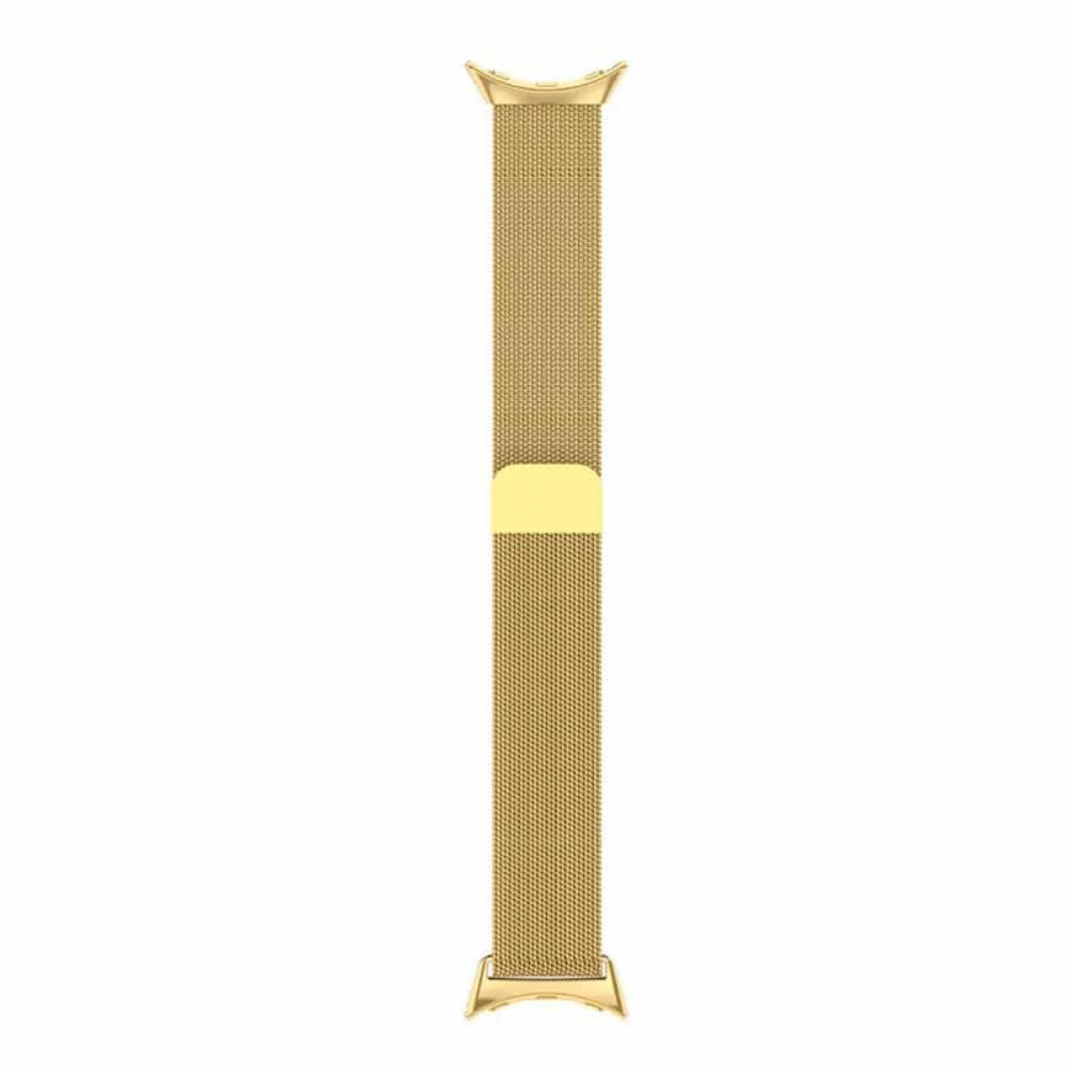 Goldenes Metallgeflecht-Uhrenarmband mit goldenen Verschlüssen, zentriert auf weißem Hintergrund.