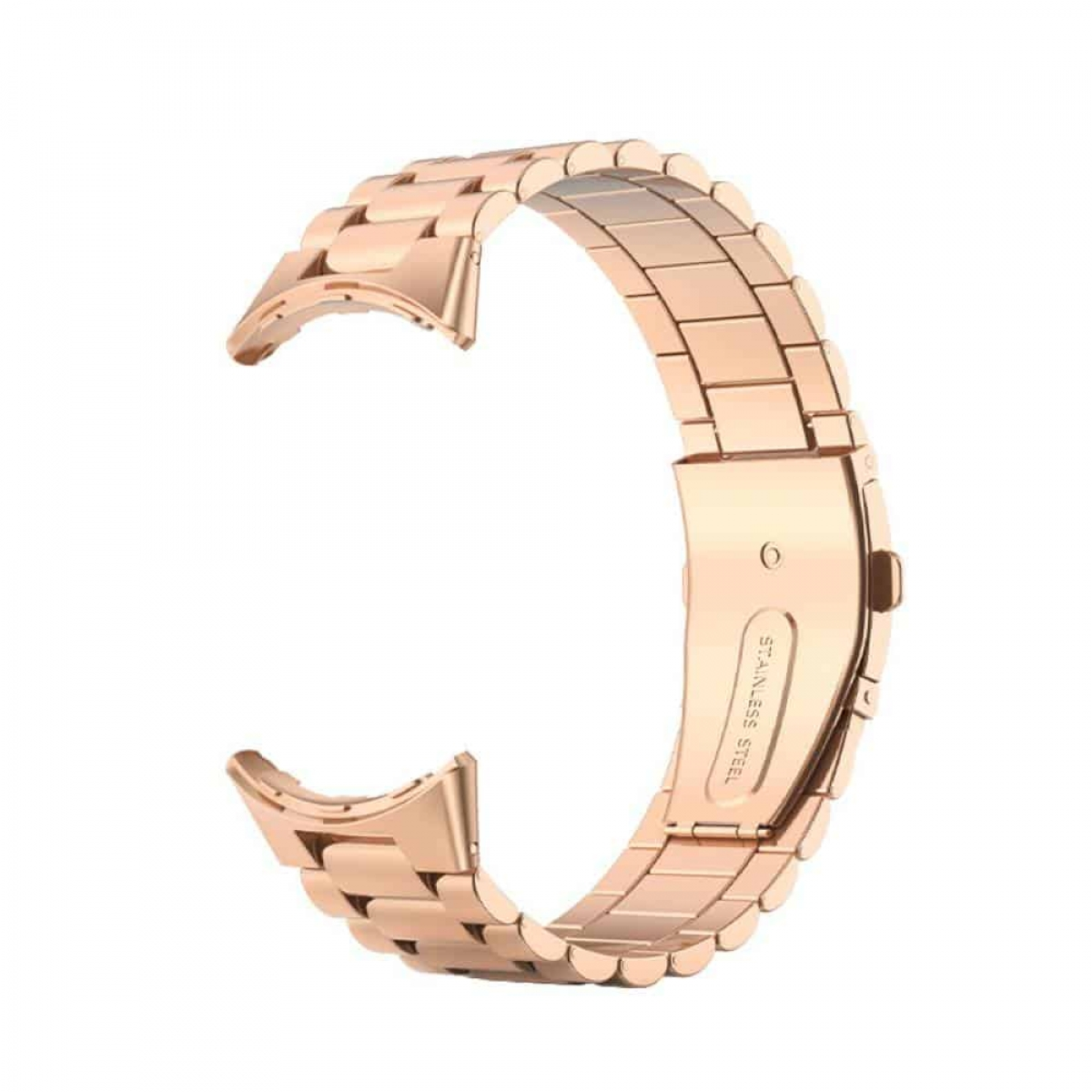 Roségoldenes Uhrenarmband in C-Form, mit Edelstahlverschluss. Weißer Hintergrund.