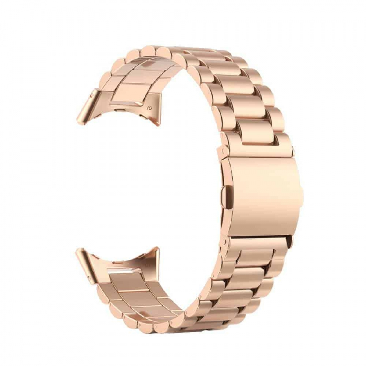 Roségoldenes Uhrenarmband mit mehreren Gliedern. Es ist ein Metallarmband mit einem Verschluss, auf weißem Hintergrund.