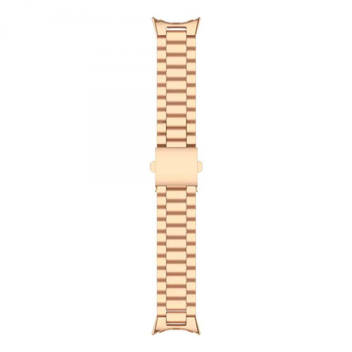 Armbanduhr aus roségoldfarbenem Metall. Es besteht aus rechteckigen Gliedern.