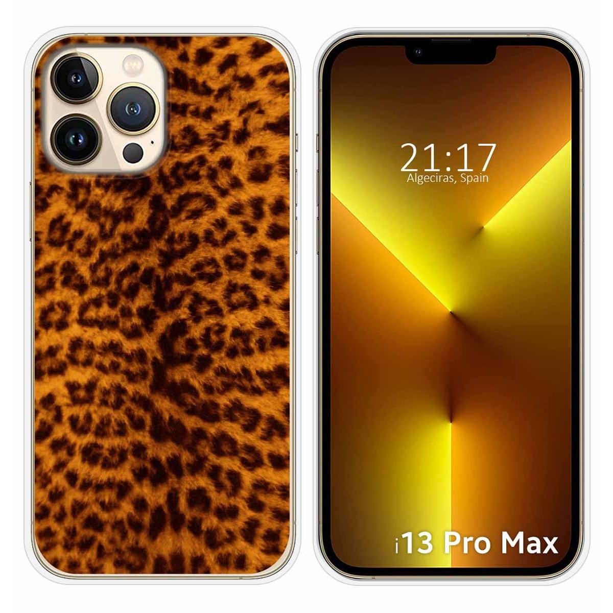 Funda con estampado de leopardo. La pantalla muestra hora, ubicación y texto i13 Pro Max.