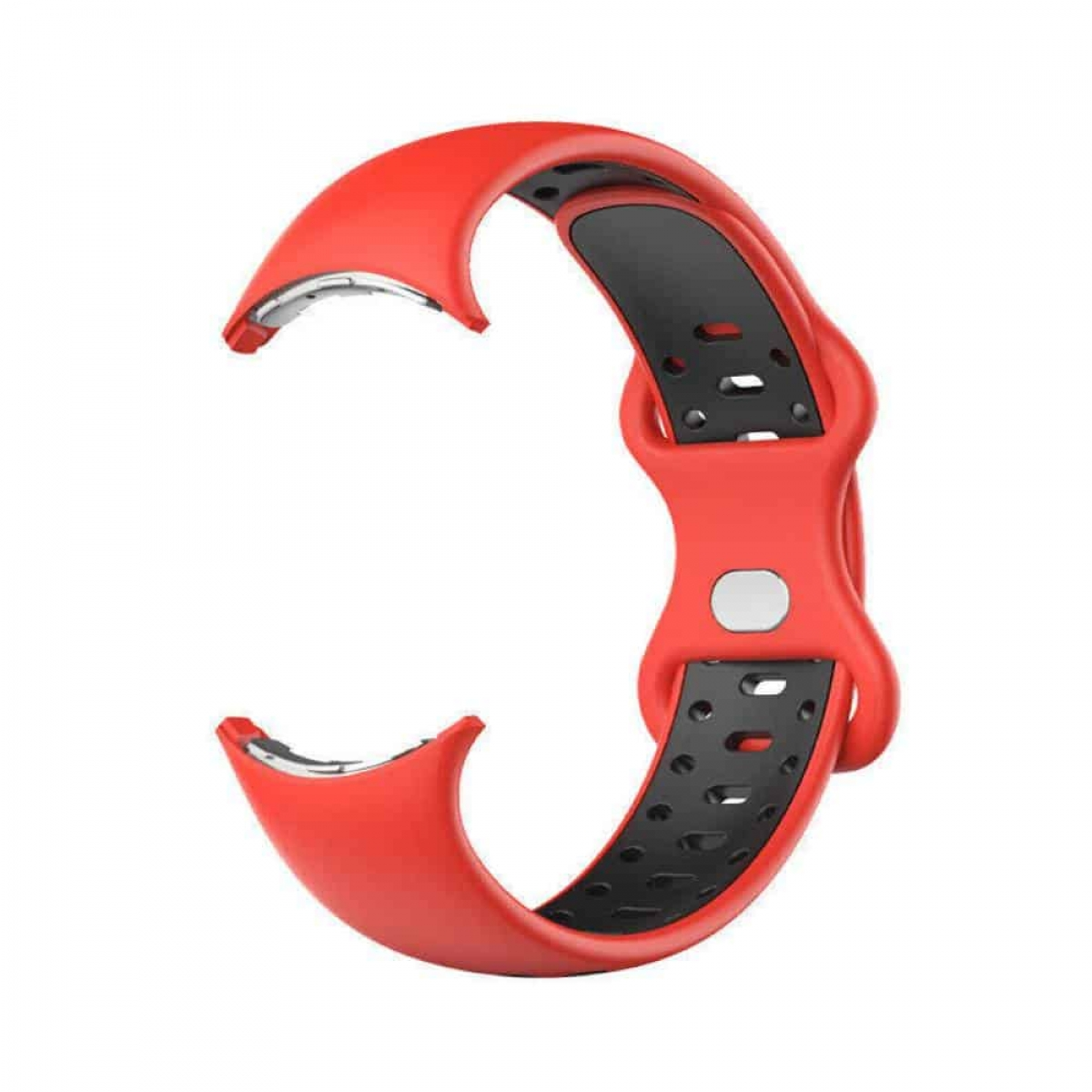 Rotes und schwarzes Uhrenarmband. Das Armband ist gebogen und hat silberne Verschlüsse. Der Hintergrund ist weiß.