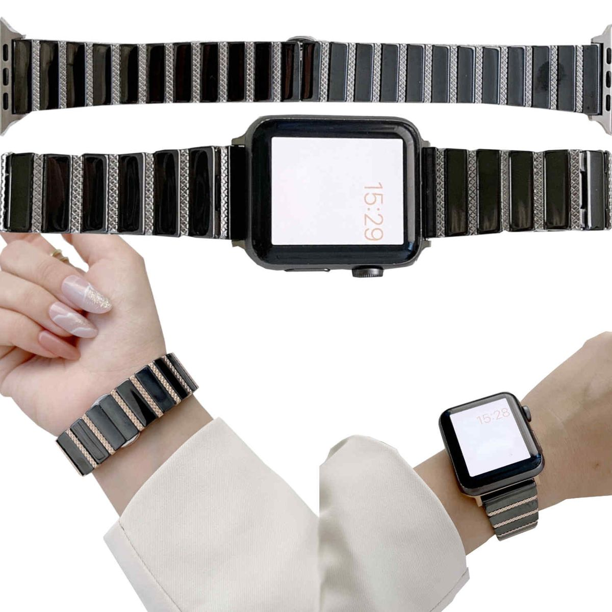 Uhr mit schwarz-silbernem Armband, am Handgelenk und angezeigt, in drei Ansichten.