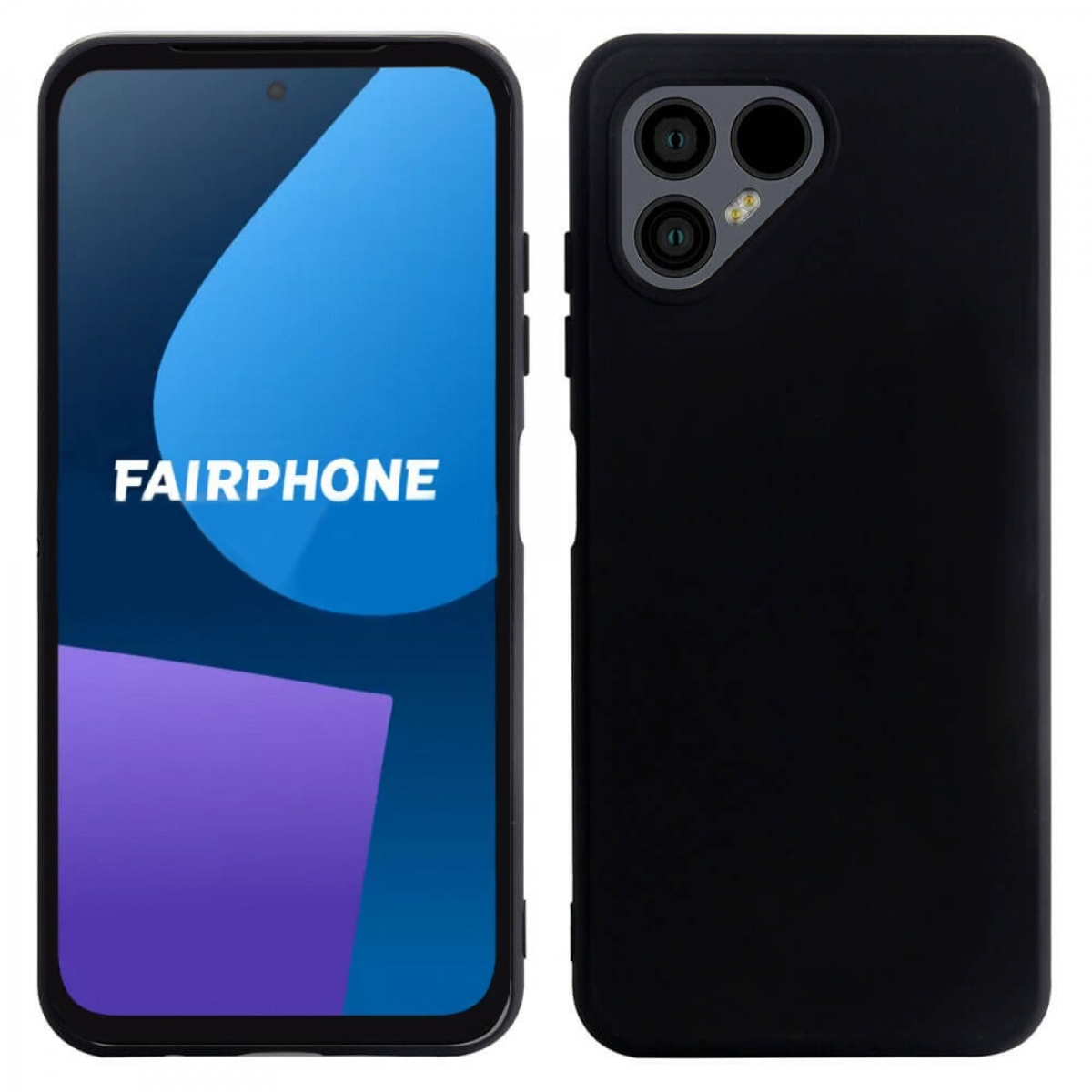 Fairphone mit Hülle auf weißem Hintergrund. Das Telefon hat einen blauen Tropfen und einen lila Bereich.