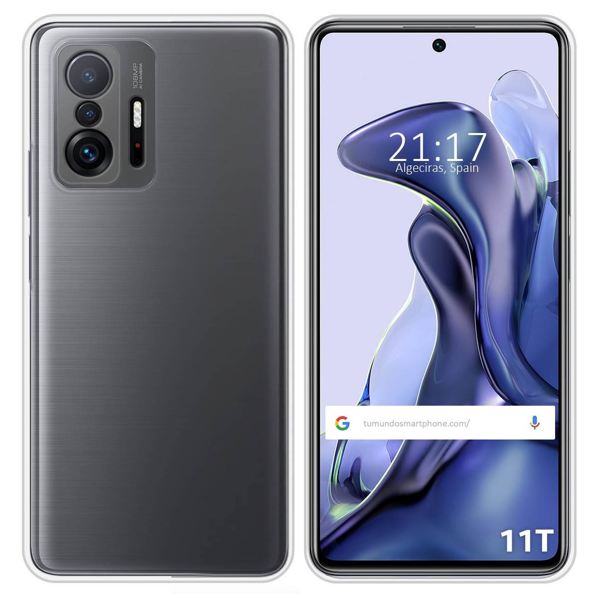 Funda de teléfono con parte trasera gris. Pantalla muestra hora y ciudad.
