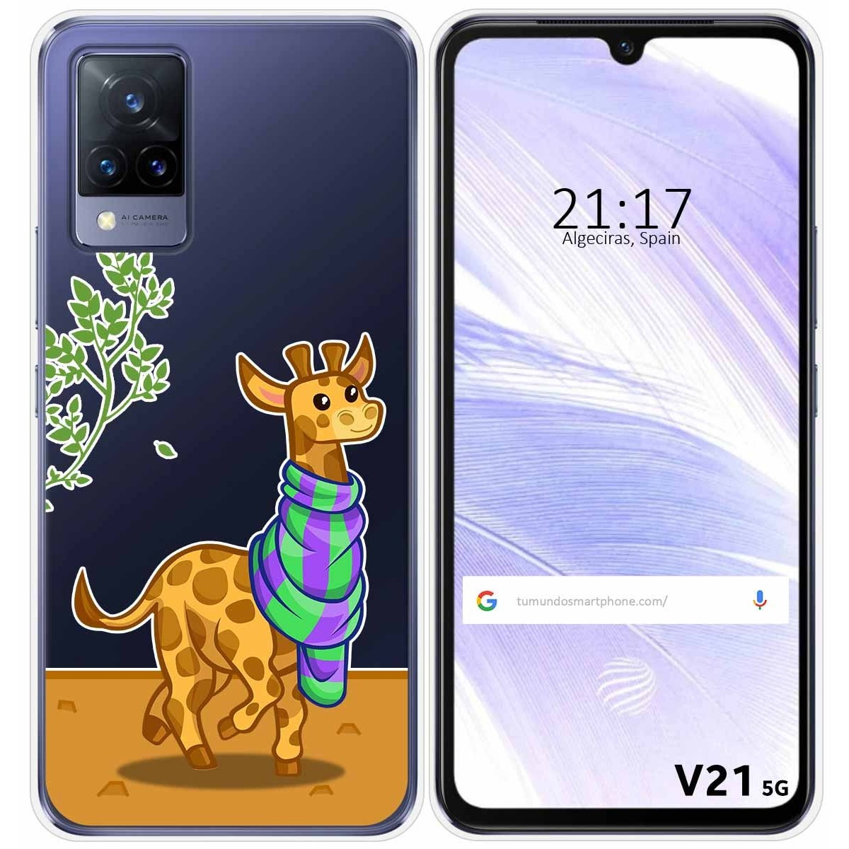 Funda de teléfono con una jirafa con bufanda. La pantalla muestra hora y ubicación.