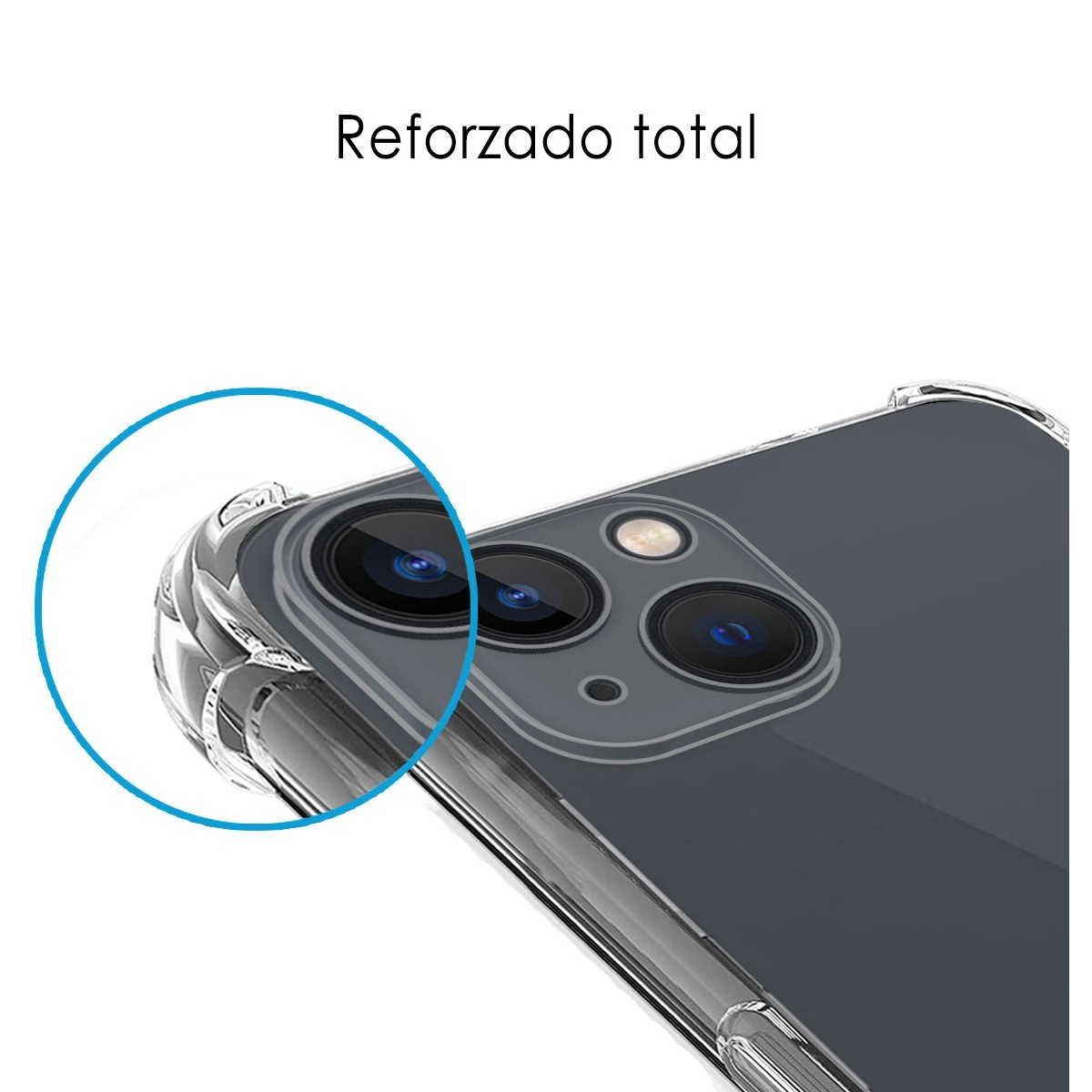 Primo piano di una custodia per telefono con design trasparente e la frase 'Reforzado total'.