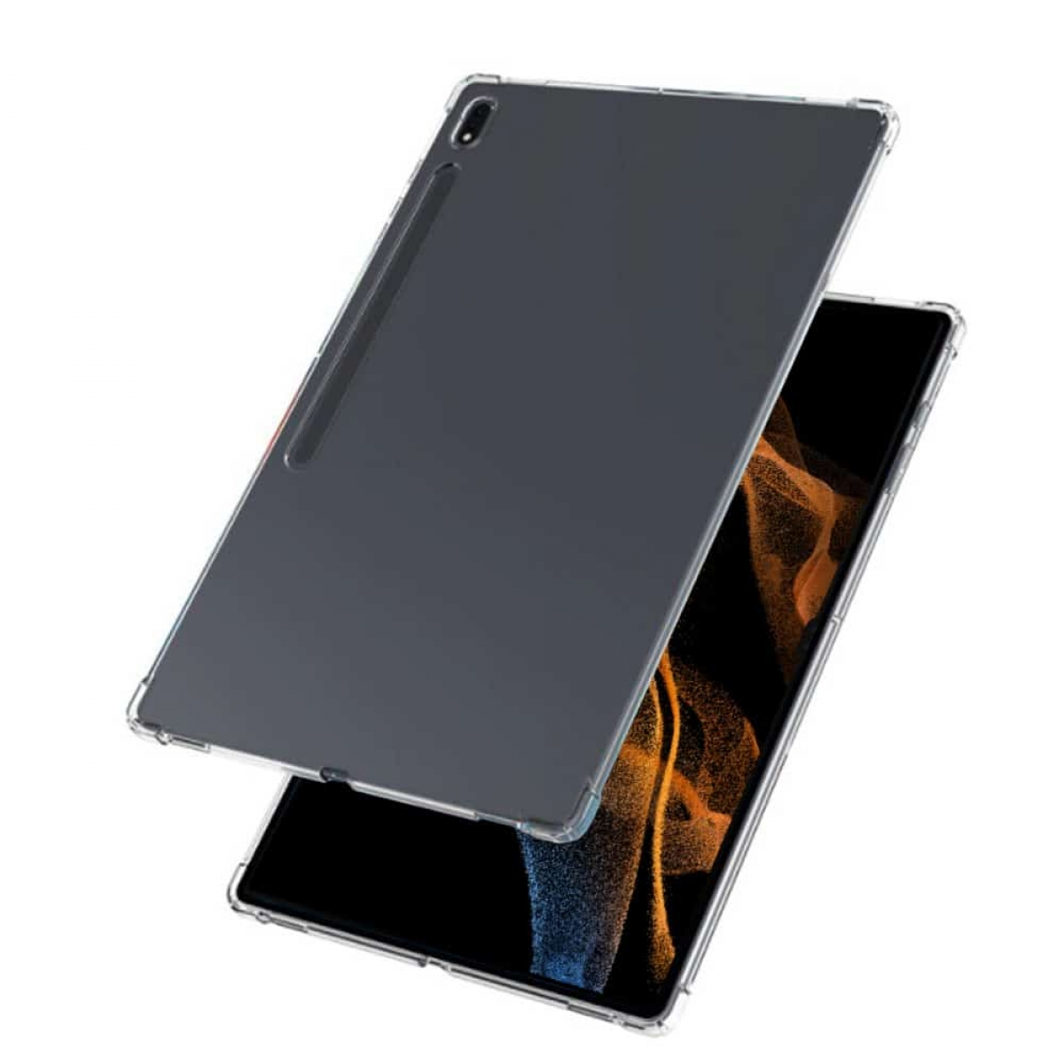 Ein Tablet mit einer transparenten Hülle, wobei die Abdeckung geöffnet ist und Bilder zeigt.