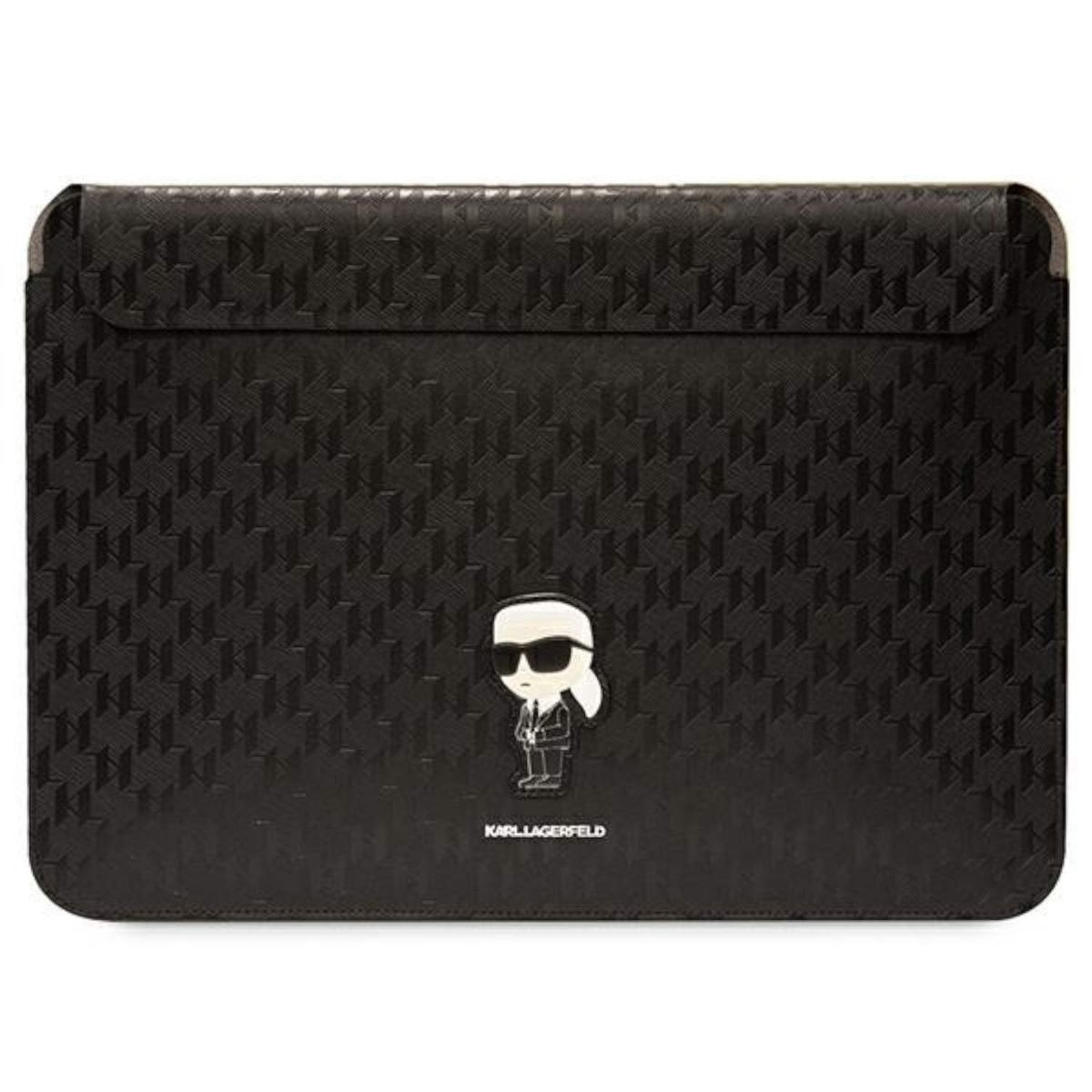 Schwarze Laptoptasche mit einem Karl Lagerfeld-Design mit einer Figur mit Sonnenbrille.