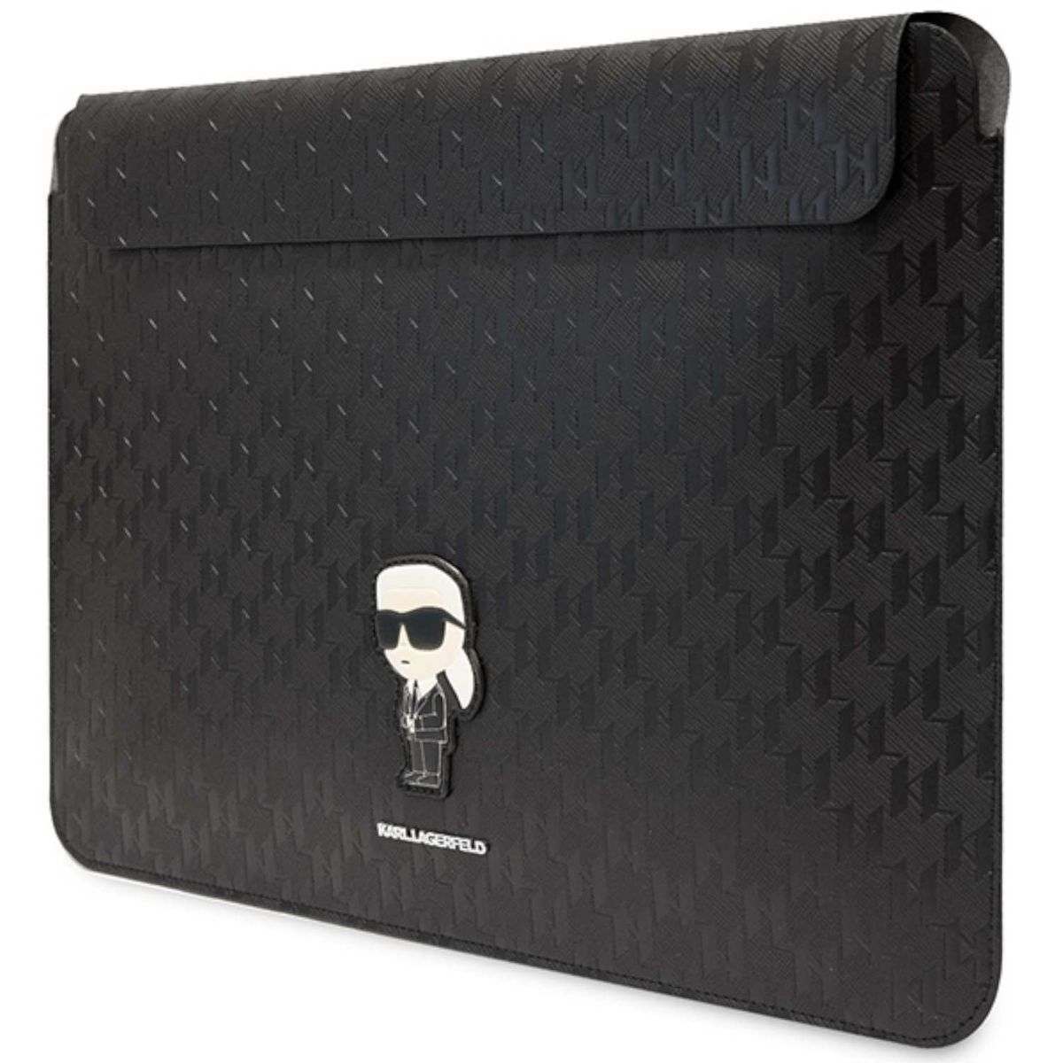 Schwarze Laptop-Hülle mit einem Karl Lagerfeld-Logo. Die Hülle ist schwarz und hat ein sich wiederholendes Muster.