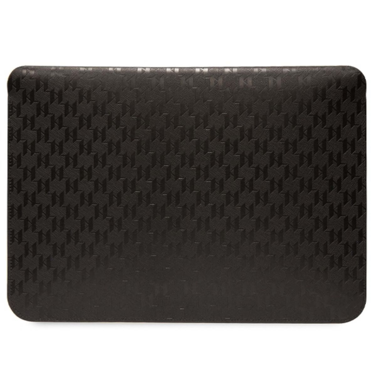 Eine schwarze Laptoptasche mit sich wiederholendem Muster.