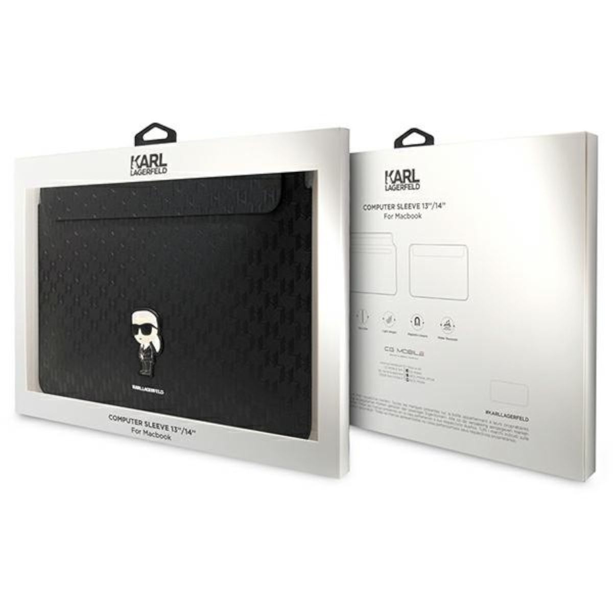 Schwarze Laptoptasche mit Karl Lagerfeld Logo. Weißer Rahmen und Verpackung. Schwarzes Polka-Dots-Muster.