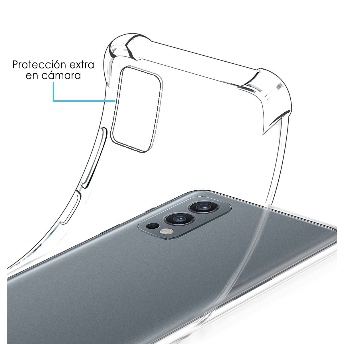 Una funda transparente con un teléfono dentro. El texto indica protección adicional de la cámara.