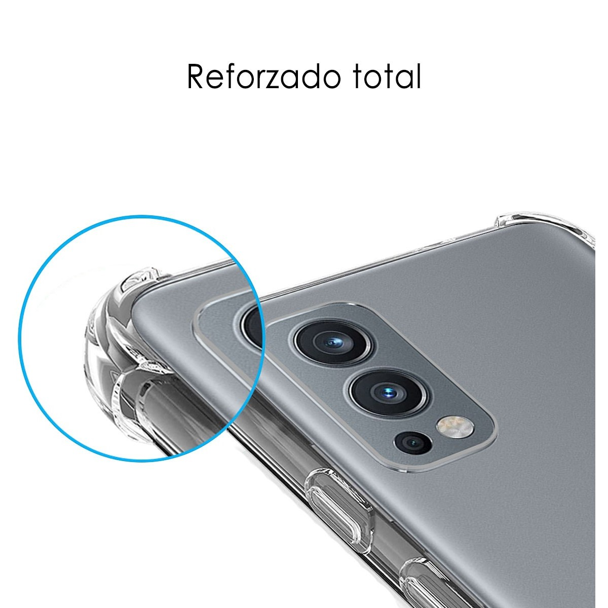 Funda transparente con bordes reforzados. Parte trasera gris del teléfono con cámaras.
