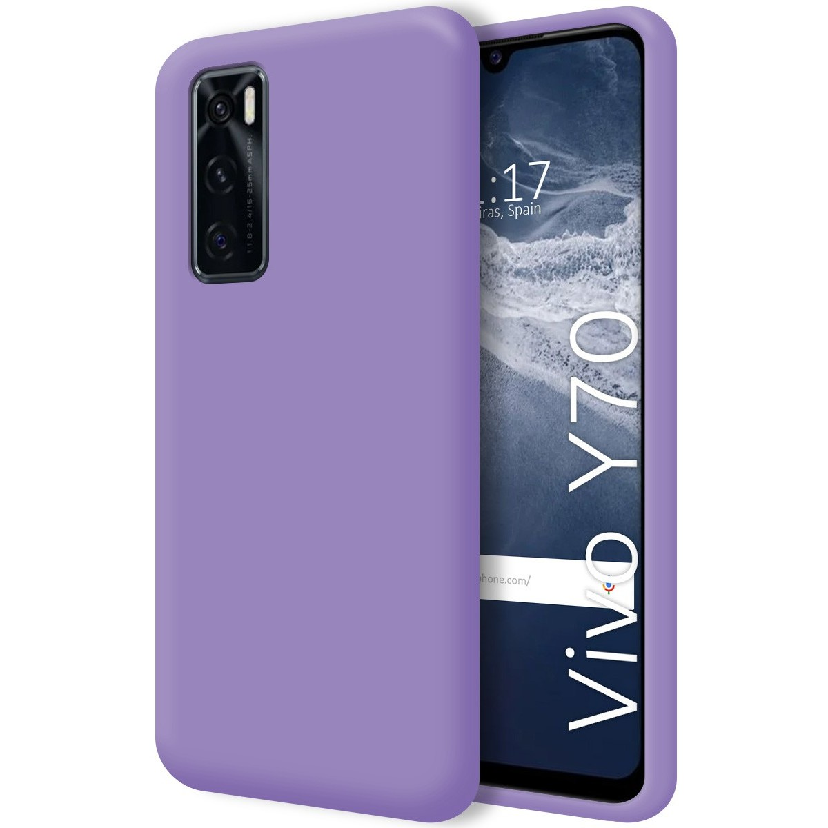 Teléfono: Un teléfono morado en una funda, la parte trasera es visible, la parte frontal muestra la pantalla.
