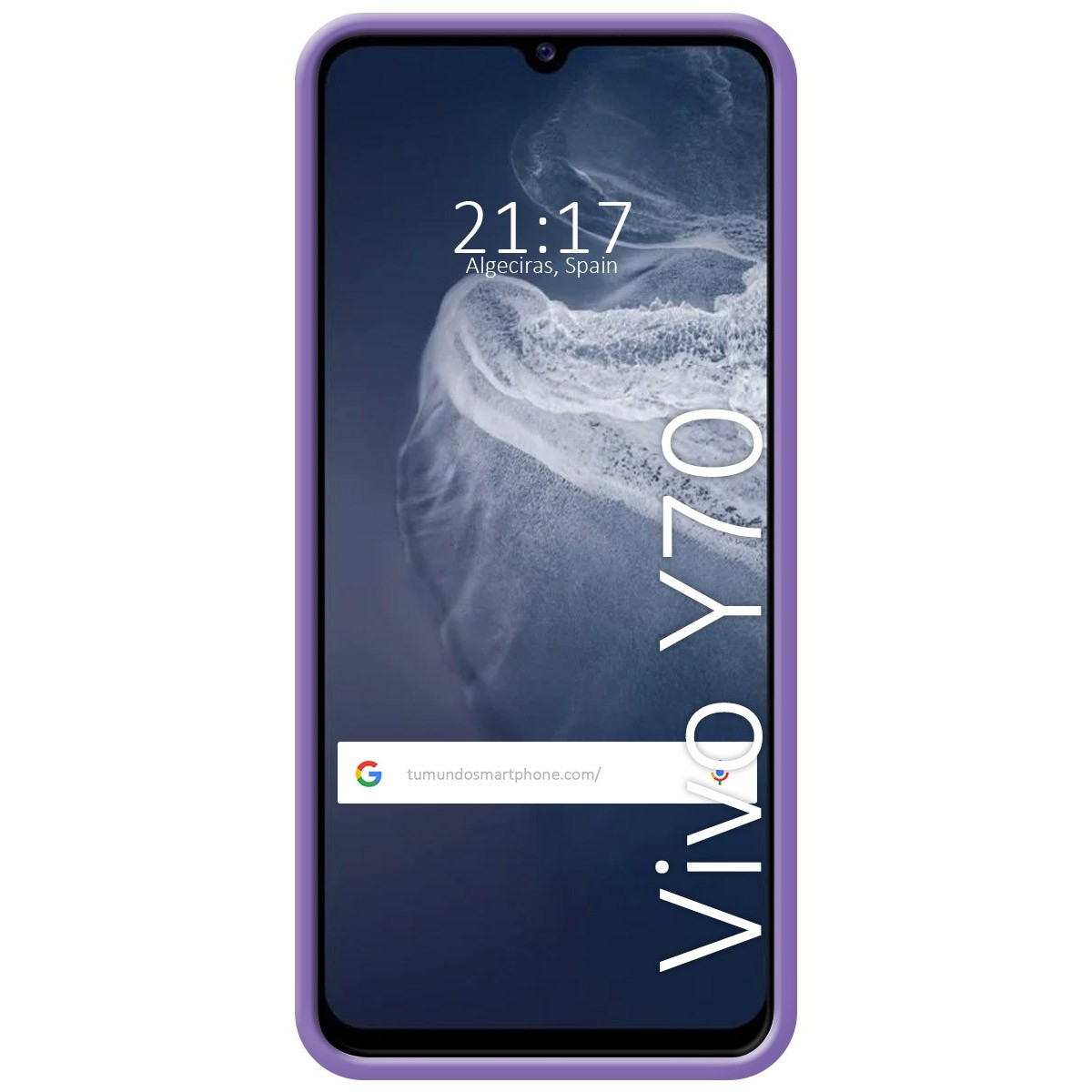 Funda de teléfono con borde morado y una pantalla de teléfono que muestra la hora y el sitio web.