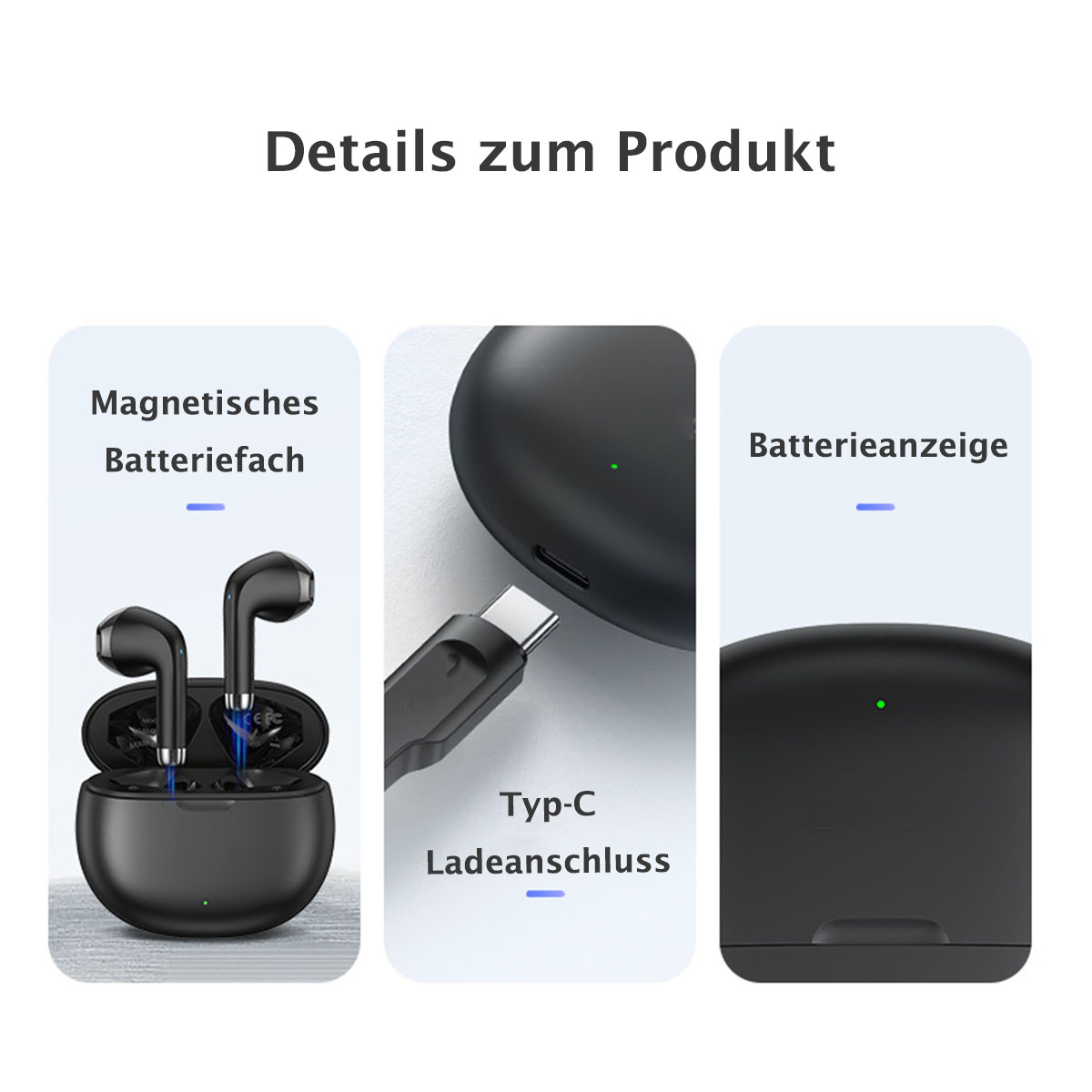 Schwarze kabellose Ohrhörer und Ladecase. Das Case hat einen Typ-C-Ladeanschluss. Text: 'Details zum Produkt'.