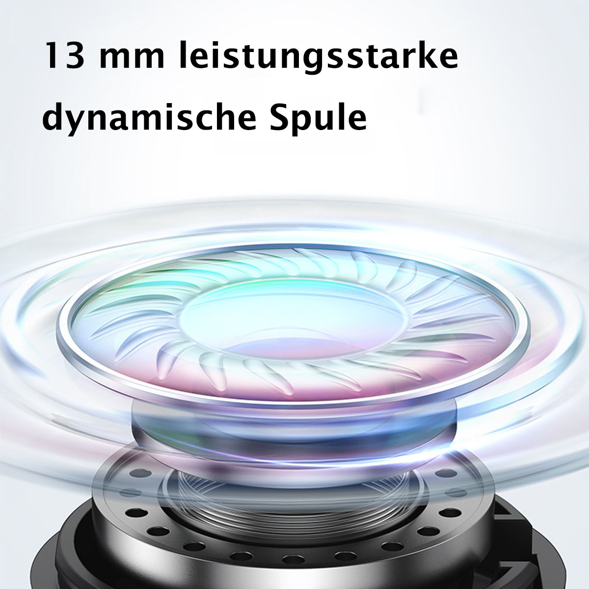 Nahaufnahme eines Lautsprechertreibers mit dynamischer Spule und dem Text '13 mm leistungsstarke'.