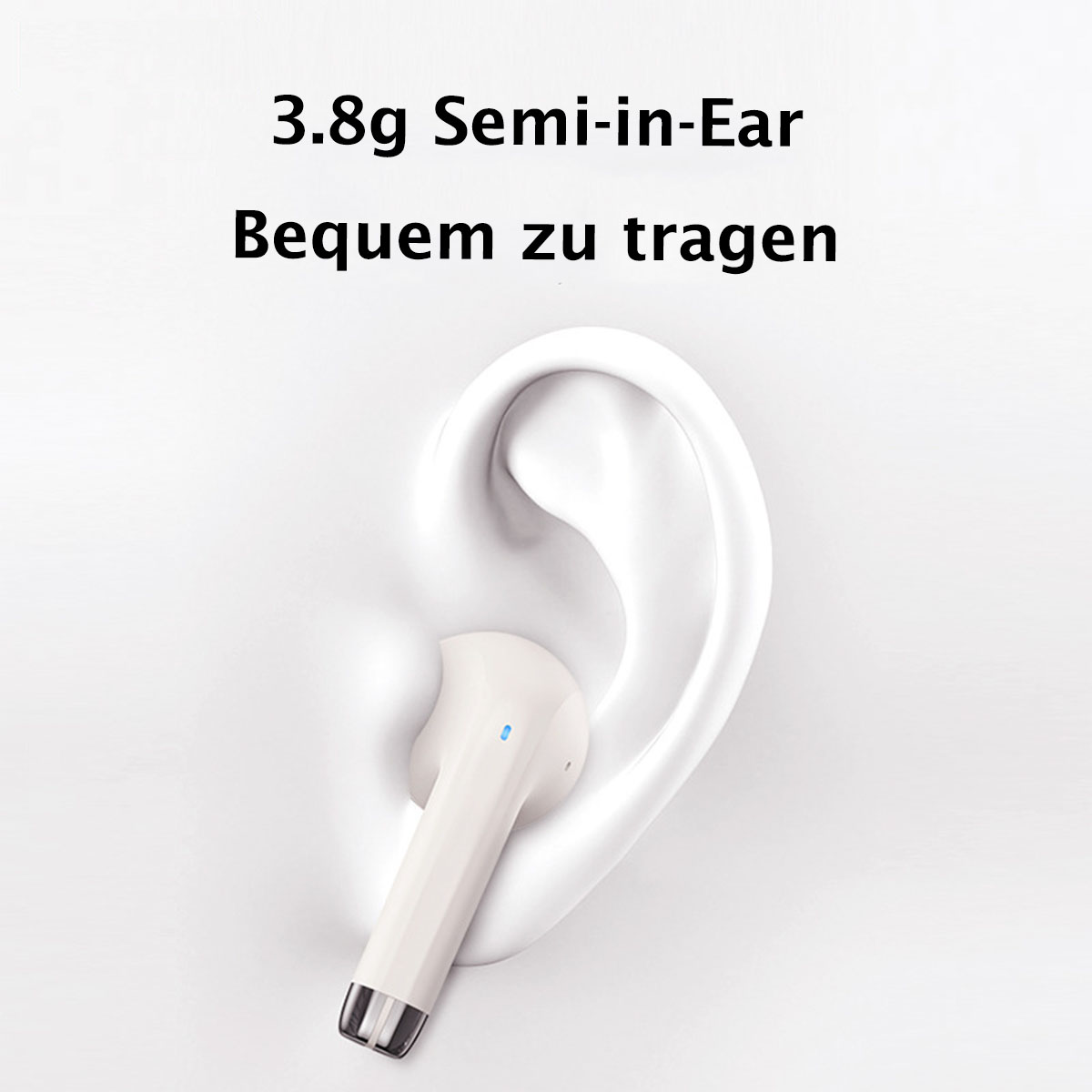 Weißes Ohr mit einem einzelnen weißen kabellosen Ohrhörer und Text darüber.
