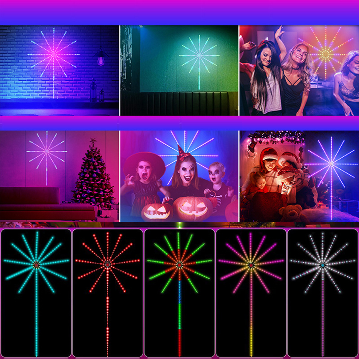 Eine Collage verschiedener Szenen mit feuerwerksähnlichen Lichtern.