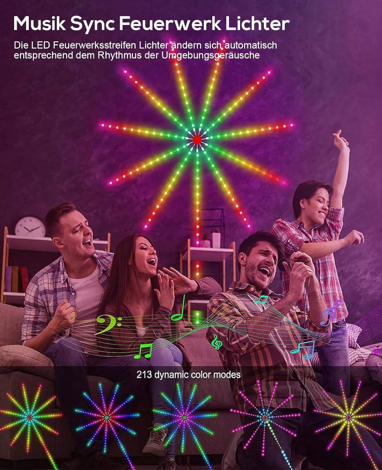 Bild mit bunten Lichtern, die Menschen genießen die Musik und das Feuerwerk.