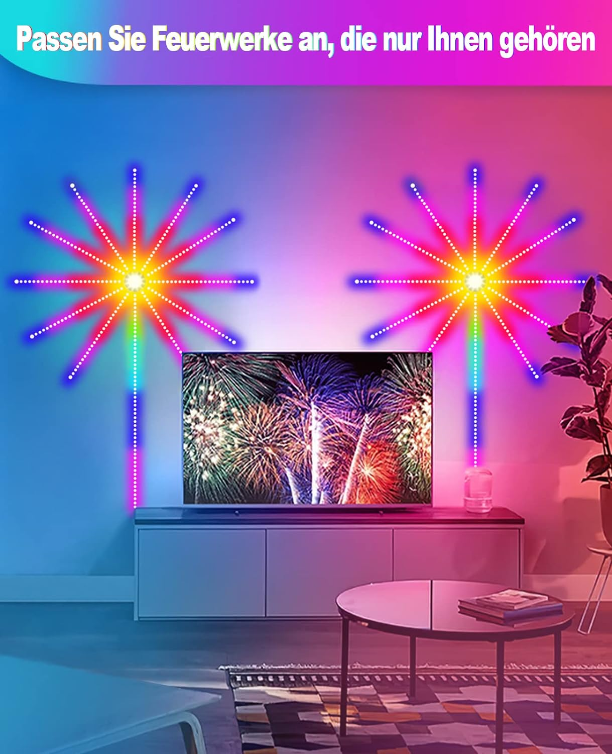 Wohnzimmer mit Fernseher und feuerwerksähnlichen Lichtern. Text: Passe Feuerwerke an, die nur Ihnen gehören.