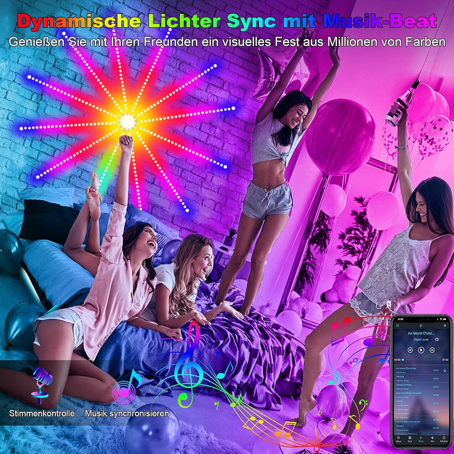 Frauen tanzen in einem Raum mit farbenfrohen Lichtern, die zur Musik synchronisiert sind.