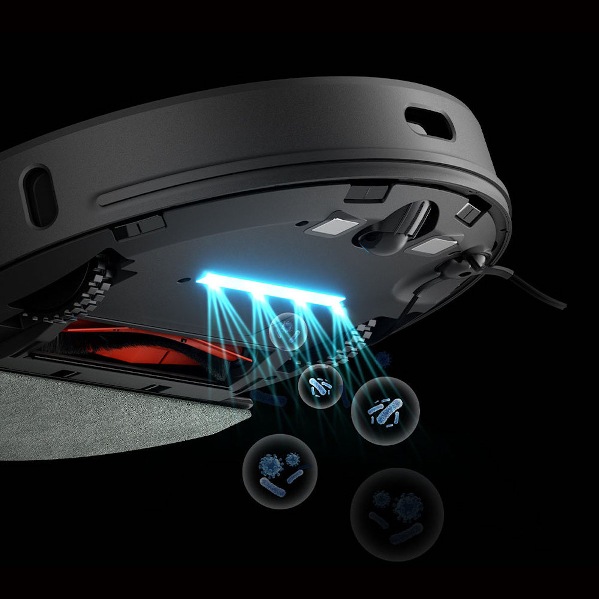 Aspirapolvere robot, luce UV blu che brilla sul pavimento.