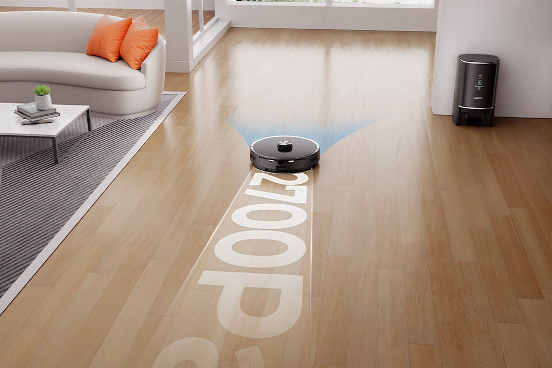 Un aspirapolvere robot che pulisce un pavimento in legno, con la parola '27000' scritta sul pavimento.
