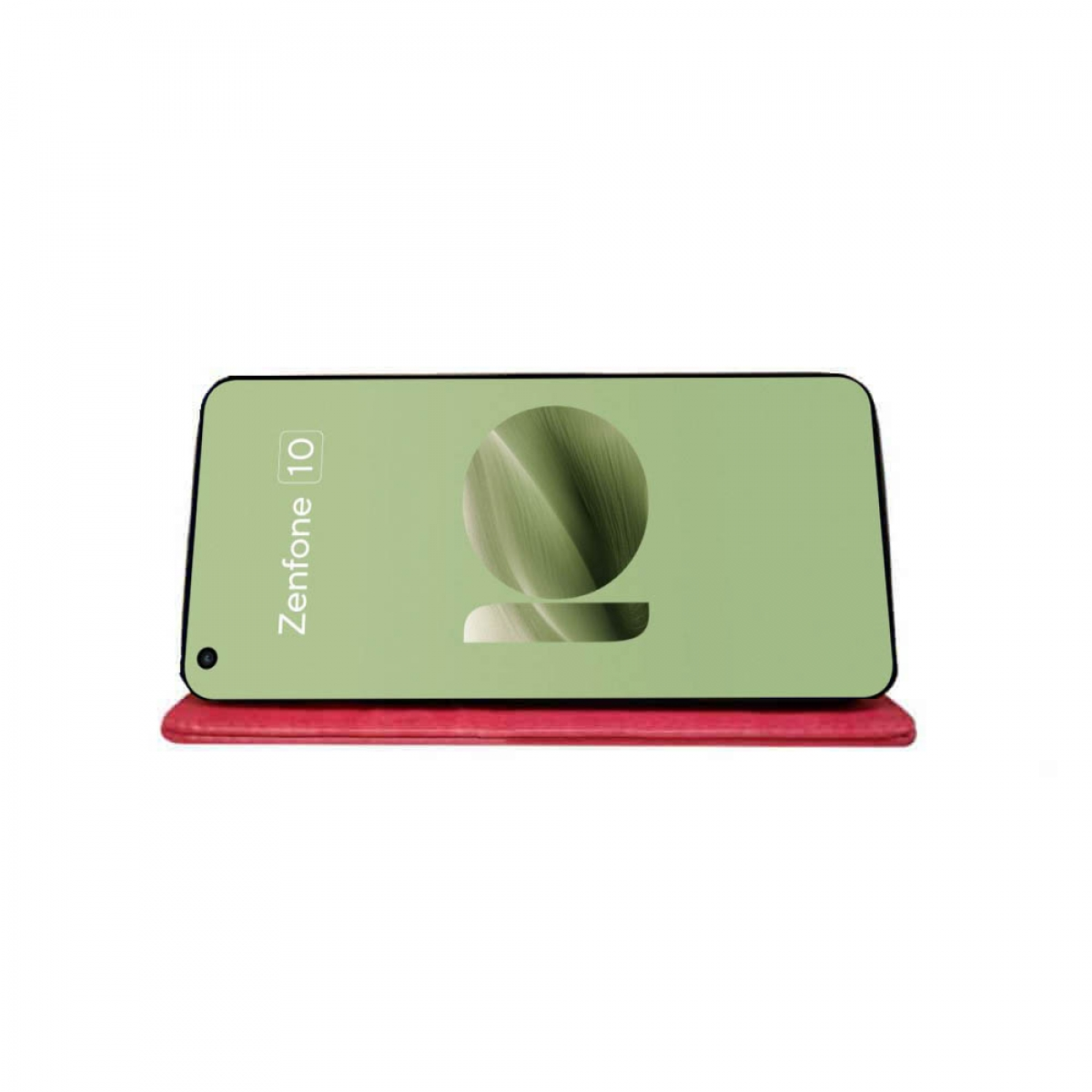 Zenfone 10 Smartphone auf roter Hülle, leicht schräge Frontansicht.