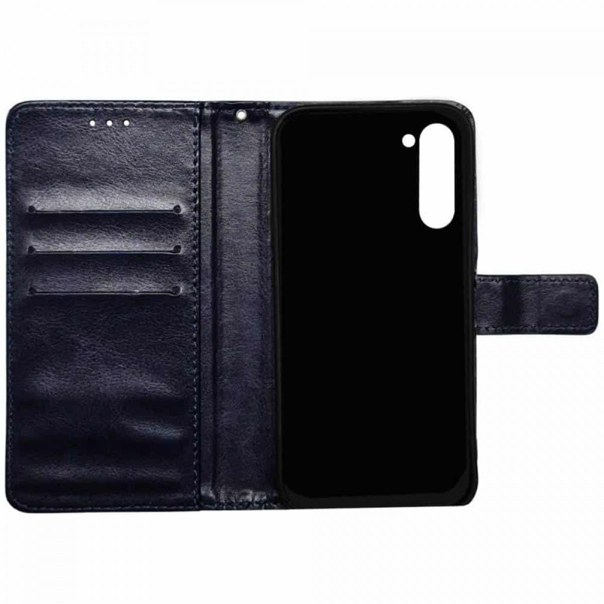 Geöffnete schwarze Telefonhülle mit Telefon darin. Die Hülle ist dunkelblaues Leder mit Kartenfächern.