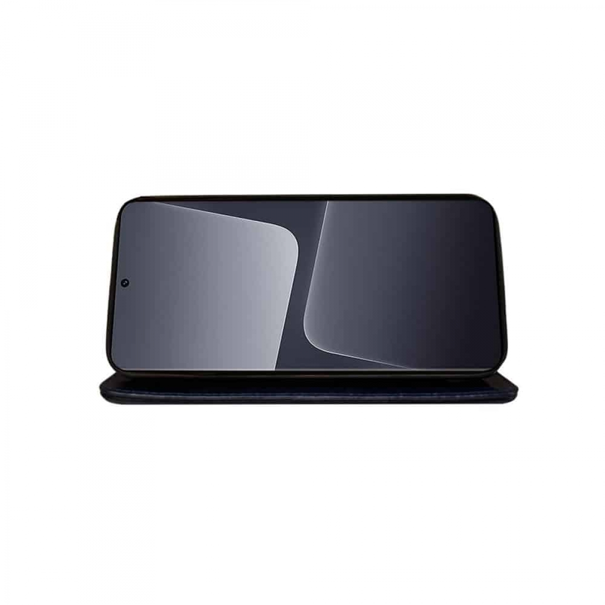Ein Handy, frontseitig, in einem blauen Folio-Case. Der Bildschirm ist eingeschaltet und zeigt einen dunklen Farbverlauf.