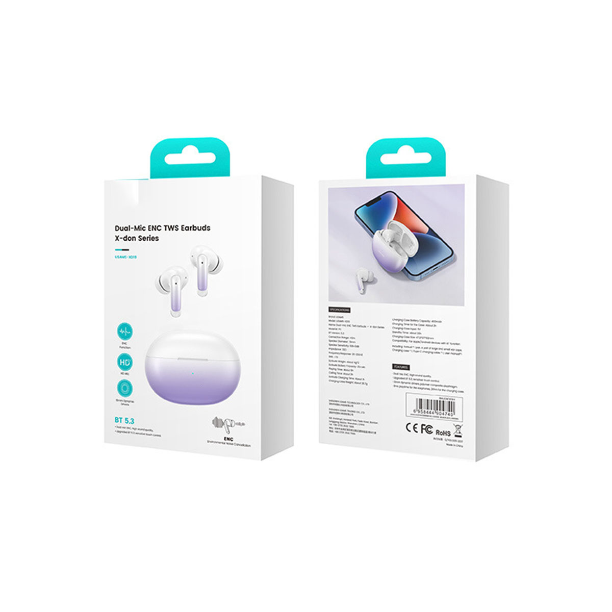 Kopfhörer-Verpackung: weiße Box mit Ohrhörern und Ladecase, mit Symbolen und Bildern des Telefons.