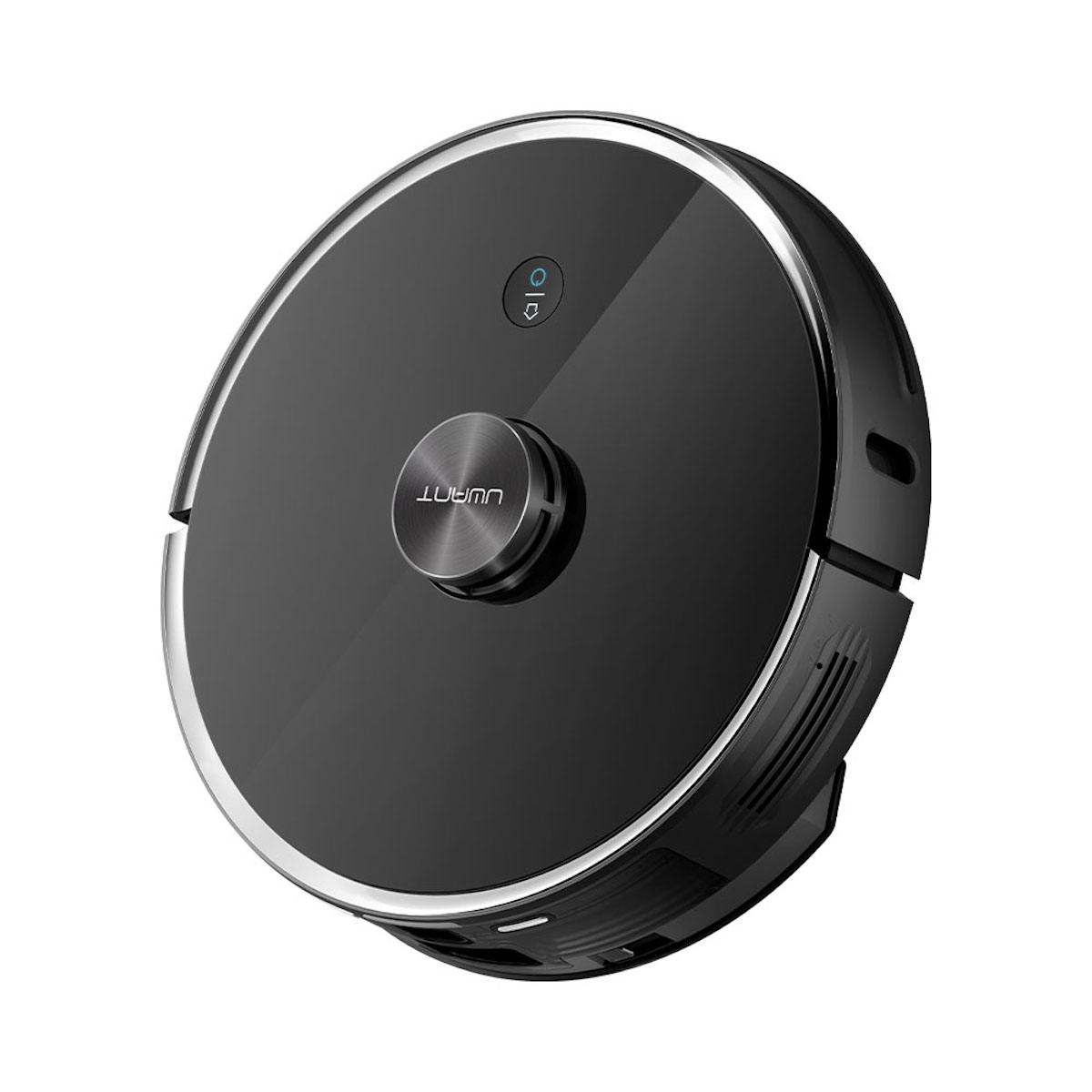 Aspirapolvere robot rotondo nero con finiture argentate, su sfondo bianco.