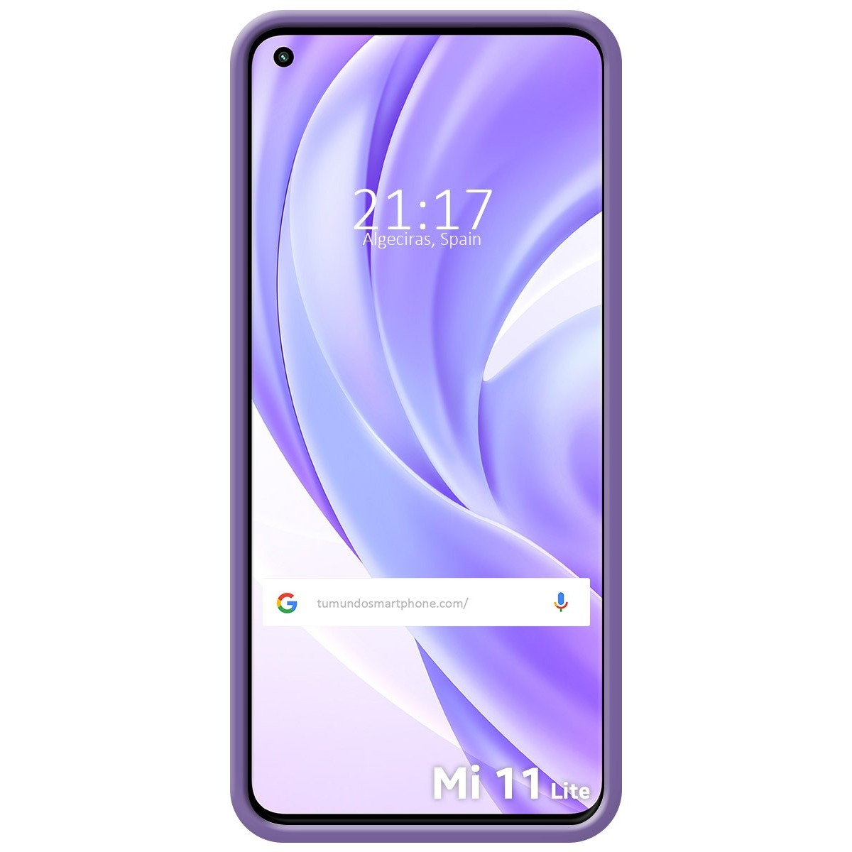 Telefono con custodia viola e sfondo sfumato bianco.