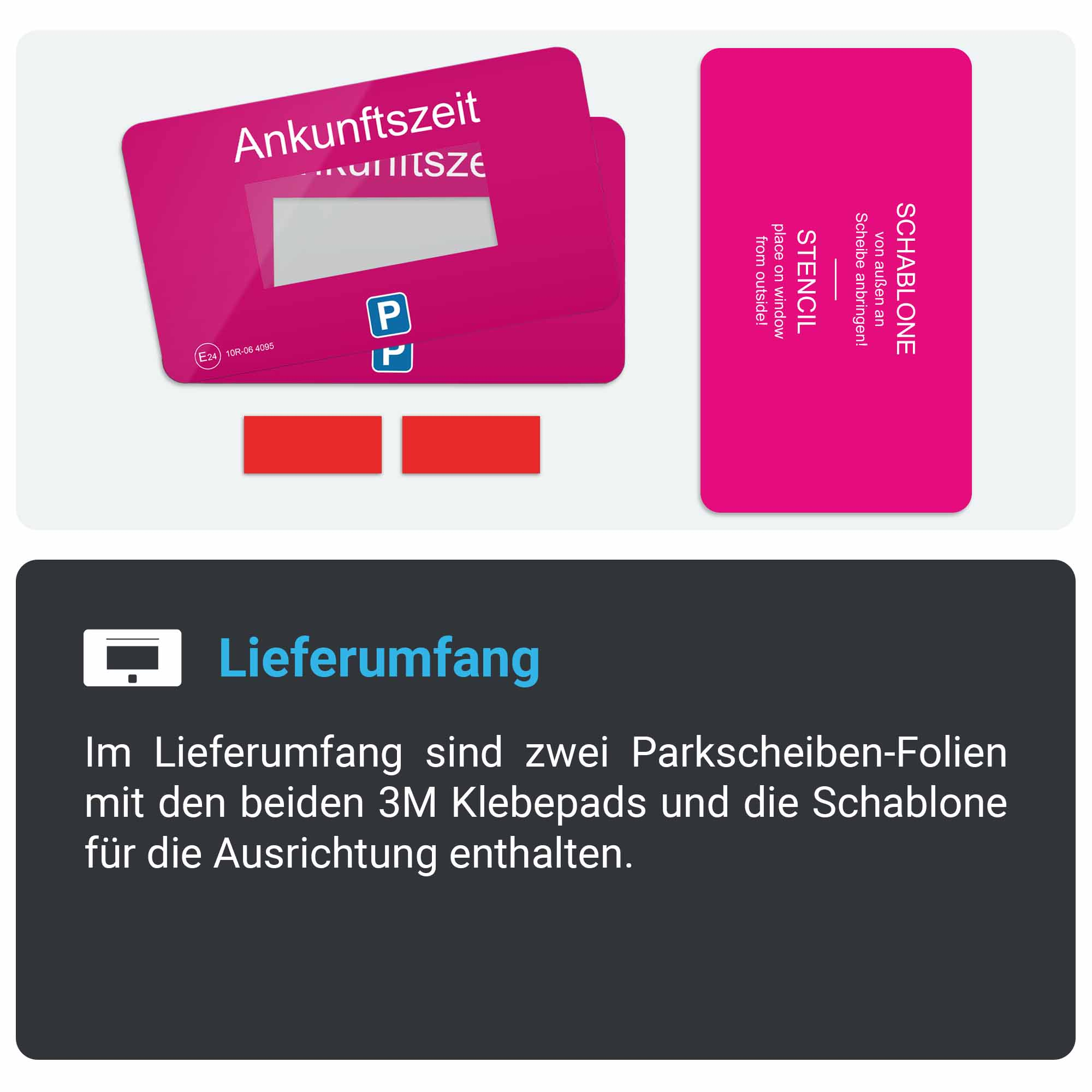 Rosa Parkscheibe mit Text und Diagrammen sowie zwei roten Rechtecken auf grauem Hintergrund.
