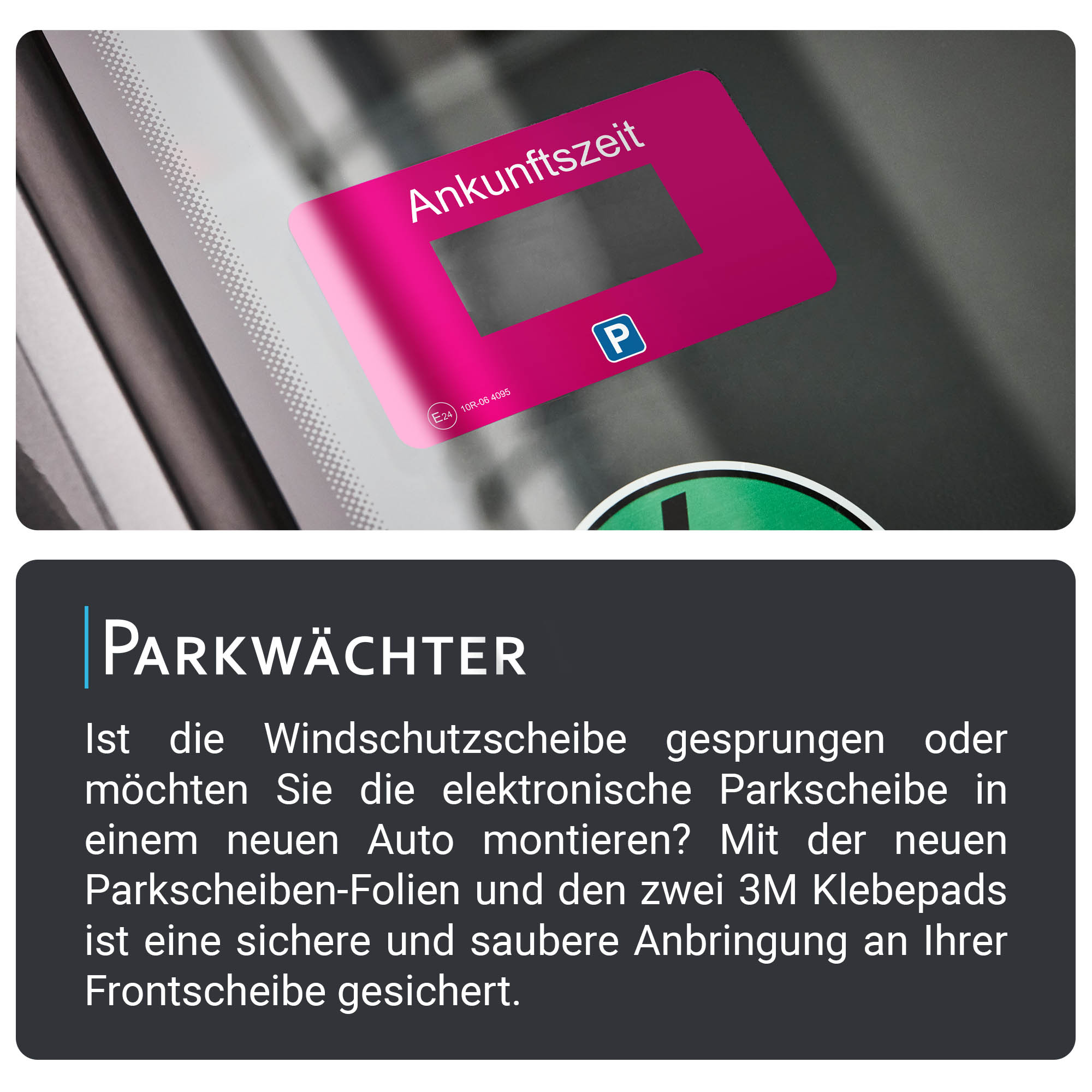 Eine pinkfarbene Parkscheibe mit deutschem Text, mit einem Text über die Parkscheibe und ihre Verwendung.