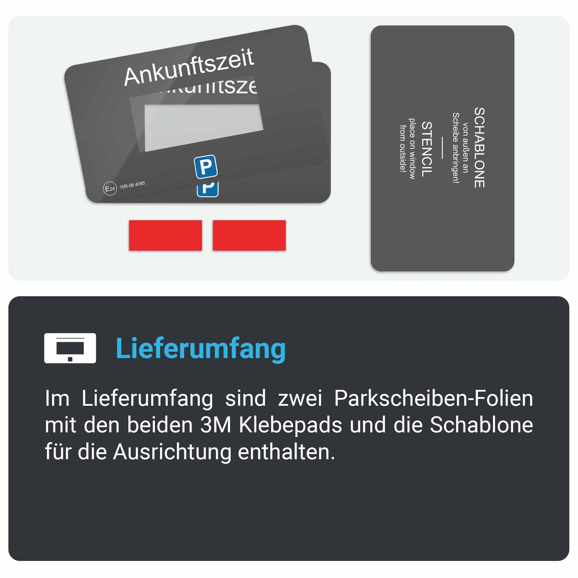Parkscheibe und Schablone mit deutschem Text und zwei roten Aufklebern auf dunklem Hintergrund.