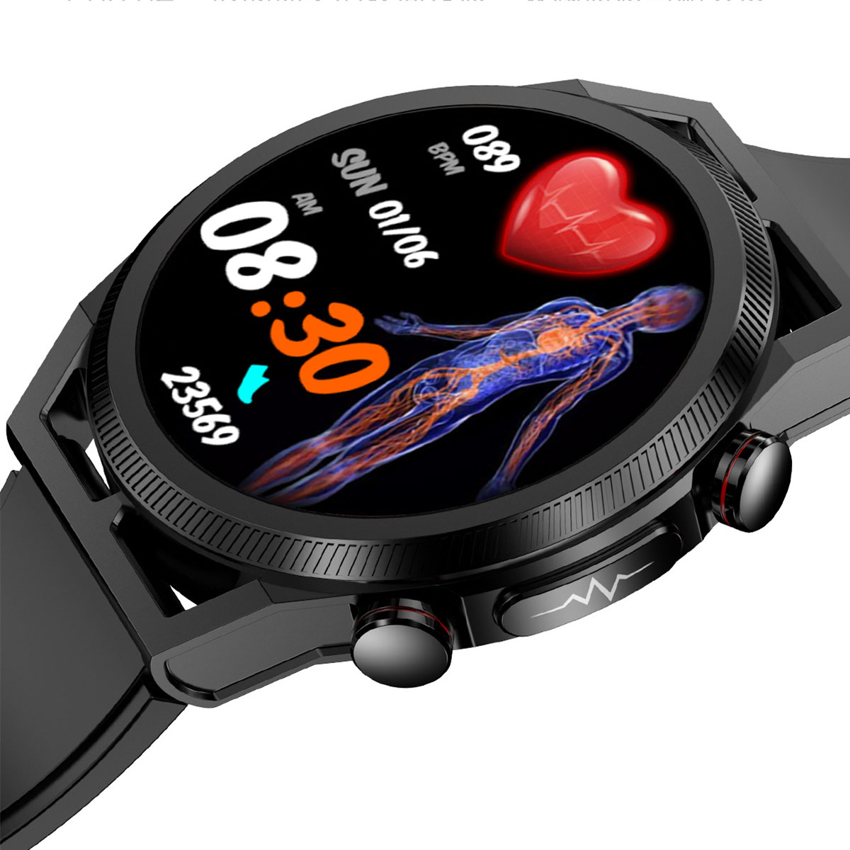 Smartwatch, das Zeit, Herzfrequenz und eine Abbildung eines menschlichen Körpers anzeigt.